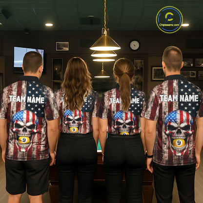 Vintage American Flag Skull 8 Ball 9 Ball Billiard Shirt For Women Custom Patriotic Pool Team Jersey TDM5656