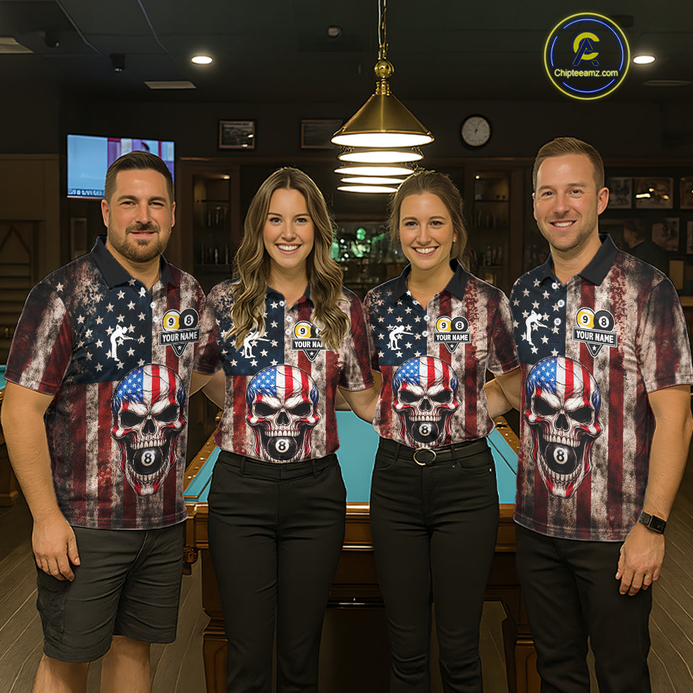 Vintage American Flag Skull 8 Ball 9 Ball Billiard Shirt For Women Custom Patriotic Pool Team Jersey TDM5656