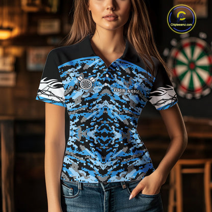 Blue Grunge Camo Funny US Flag Arrows Darts Shirt For Women Custom Darts Jersey Team Shirts TDM4524