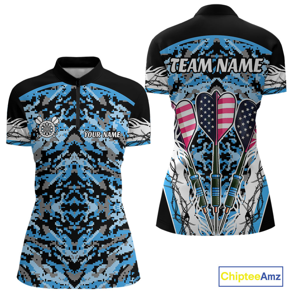 Blue Grunge Camo Funny US Flag Arrows Darts Shirt For Women Custom Darts Jersey Team Shirts TDM4524