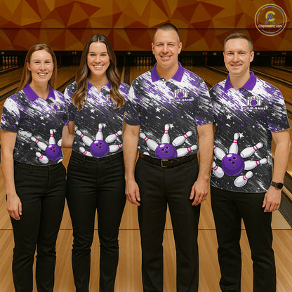 Personalized Grunge Bowling Shirt For Women Custom Bowling Polo & 1/4 Zip, Bowling Uniform |Purple TDM6274