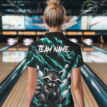 Load image into Gallery viewer, Back view of woman wearing a turquoise neon lightning raccoon bowling polo shirt inside a bowling alley.