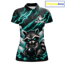 Load image into Gallery viewer, Turquoise neon lightning raccoon bowling polo shirt for women with custom bowling team graphics.