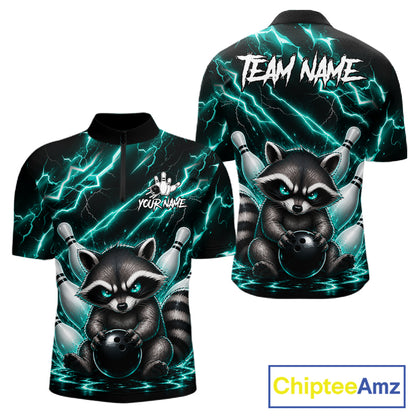 Turquoise neon lightning raccoon bowling quarter zip shirt for men built for league play and tournaments.