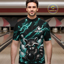 Load image into Gallery viewer, Man wearing a turquoise neon lightning raccoon bowling quarter zip jersey during league competition front view.