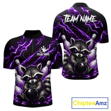 Load image into Gallery viewer, Purple neon lightning raccoon bowling quarter zip shirt for men built for league play and tournaments.