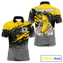 Load image into Gallery viewer, Yellow funny banana grunge bowling polo shirt for men with custom team graphics.