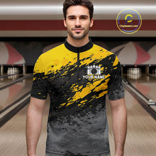 Load image into Gallery viewer, Man wearing a yellow funny banana bowling quarter zip jersey during league competition front view.