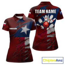 Load image into Gallery viewer, Retro Texas flag bowling polo shirt for women with custom bowling team graphics.