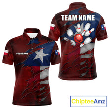 Load image into Gallery viewer, Retro Texas flag bowling polo shirt for men with custom bowling team graphics.