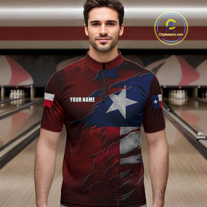 Man wearing a retro Texas flag bowling quarter zip jersey during bowling league play front view.