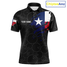 Load image into Gallery viewer, US flag Texas bowling polo shirt for men with patriotic bowling team graphics.