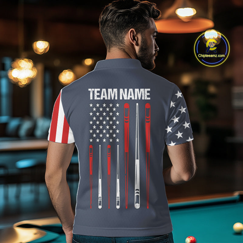 Man wearing personalized navy American flag 8 ball pool billiard polo shirt back view.