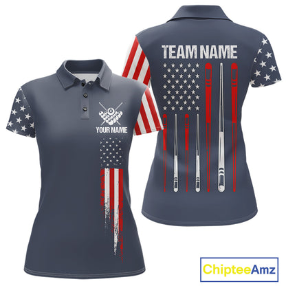 Personalized navy American flag 8 ball pool billiard team jersey polo shirt for women, custom patriotic pool league apparel and tournament jersey.