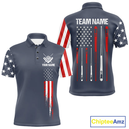 Personalized navy American flag 8 ball pool billiard team jersey polo shirt for men, custom patriotic pool league apparel and tournament jersey.