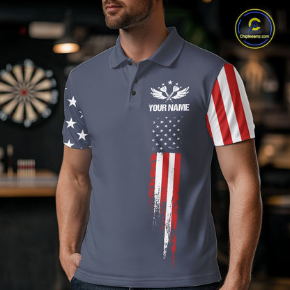Man wearing personalized navy American flag darts polo shirt front view.