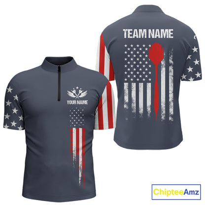Personalized navy American flag patriotic darts quarter zip shirt for men, custom darts team jersey.