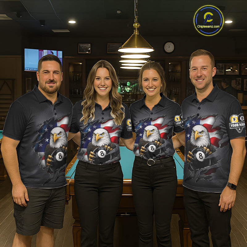 Grey American Flag Eagle 8 Ball & 9 Ball Billiard Shirts For Men Custom Patriotic Pool Team Jersey TDM7170