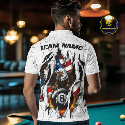 Custom US Flag Eagle Fire 8 Ball Billiard Jersey For Men, White Grunge Patriotic Pool Team Shirt TDM7176