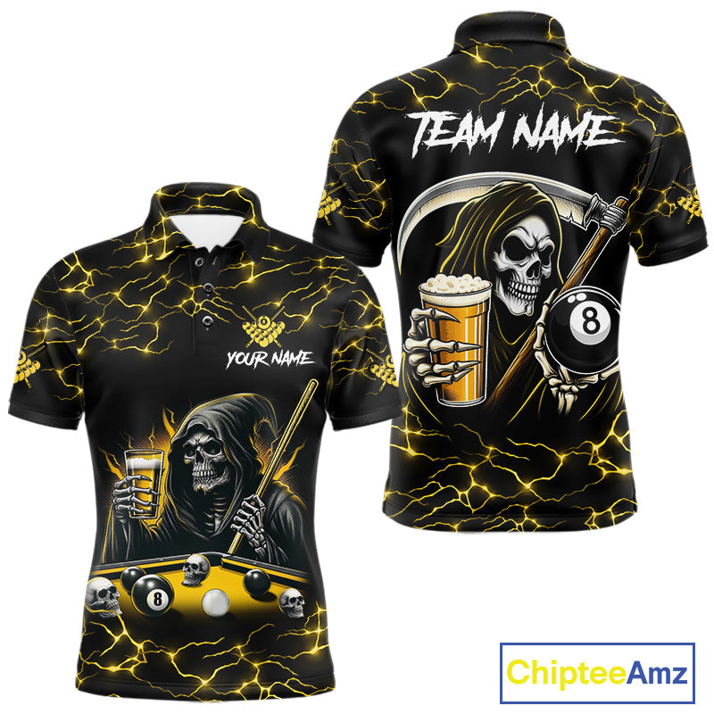Yellow Funny Grim Reaper & Beer Billiard Shirts For Men Custom 8 Ball Lightning Billiard Jerseys TDM2939