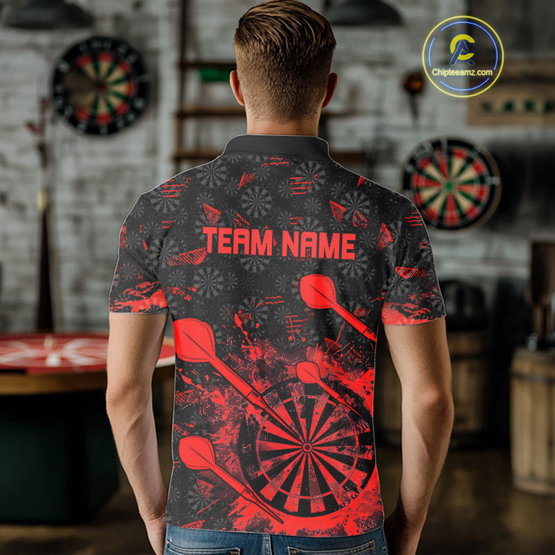 Black And Red Grunge Darts Polo, Quarter Zip For Men Custom Dart Shirts For Team, Dart Jerseys TDM5152