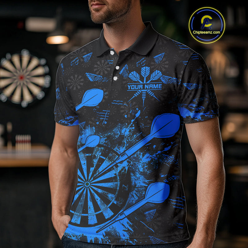 Black And Blue Grunge Darts Polo, Quarter Zip For Men Custom Dart Shirts For Team, Dart Jerseys TDM5153