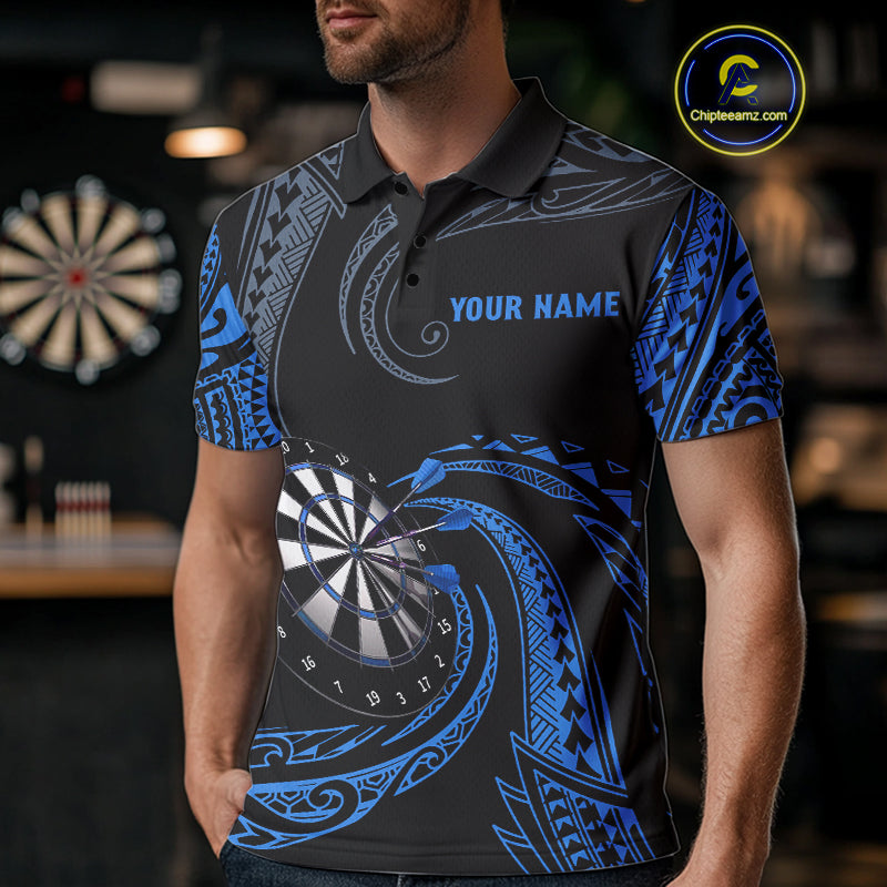 Personalized Blue Tribal Polynesian Mens Dart Shirts Custom Darts Polo & 1/4 Zip Team Jersey TDM5154