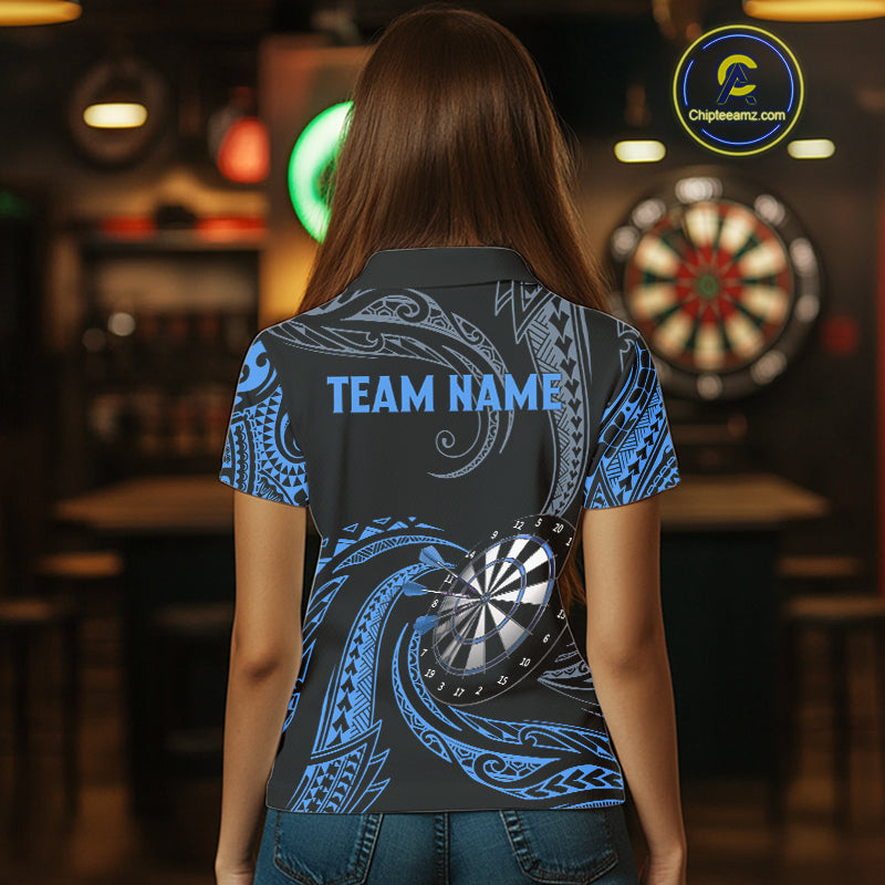 Personalized Blue Tribal Polynesian Womens Dart Shirts Custom Darts Polo & 1/4 Zip Team Jersey TDM5154