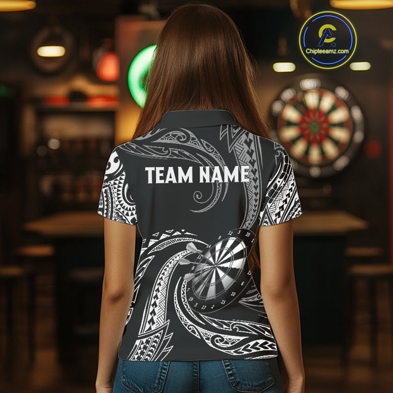 Personalized White Black Tribal Polynesian Womens Dart Shirts Custom Dart Polo & 1/4 Zip Team Jersey TDM5155
