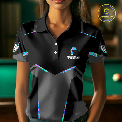 Holographic 8 Ball Billiard Jersey For Women Custom Polo & 1/4 Zip Billiard Shirts, Pool Team Shirt TDM5882