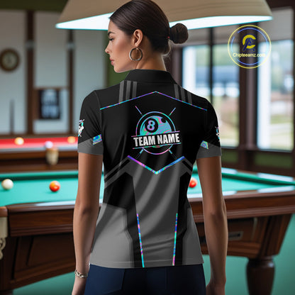 Holographic 8 Ball Billiard Jersey For Women Custom Polo & 1/4 Zip Billiard Shirts, Pool Team Shirt TDM5882