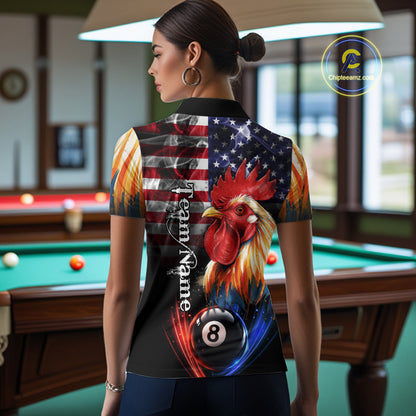 American Flag Smoke Rooster Billiard Shirt For Women Custom 8 Ball Pool Team Jersey Polo & 1/4 Zip TDM5883