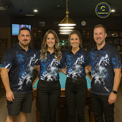 Custom Blue Camo 8 Ball Pool Smoke Billiard Shirt For Men, Billiard Team Jersey Polo & 1/4 Zip TDM6031