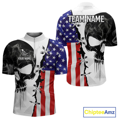 American Flag Smoke Skull Billiard Shirt For Men Custom 8 Ball Pool Team Jersey Polo & 1/4 Zip TDM6285