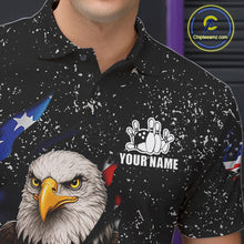 Load image into Gallery viewer, Close-up of a black grunge bowling polo shirt collar, buttons, and eagle flag artwork.