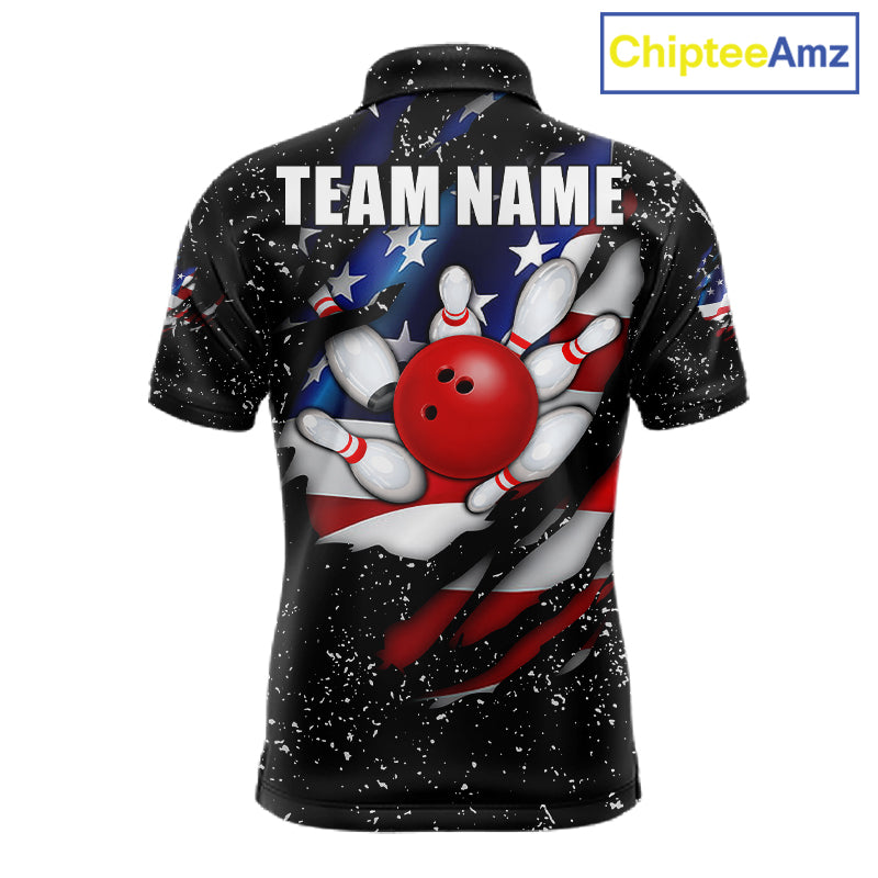 Black grunge American flag eagle bowling polo shirt for men with patriotic team graphics.