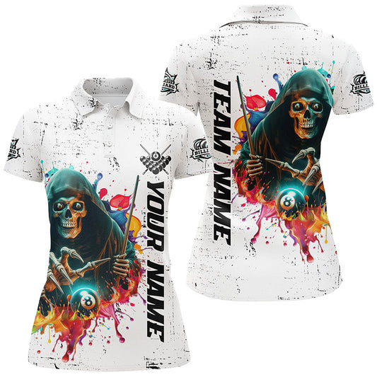 Billiard Skeleton Colorful Grunge Style Personalized Women Polo Shirts, Best Billiard Attire Design TDM1079