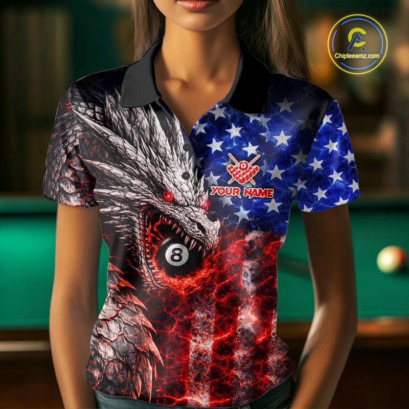 American Flag Dragon 8 Ball Billiard Shirt For Women Custom Lightning Pool Team Jersey Polo, 1/4 Zip TDM6034