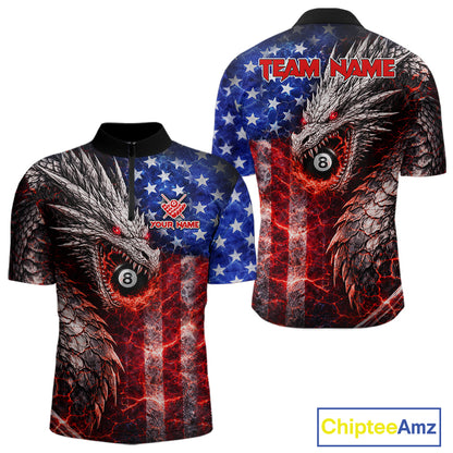 American Flag Dragon 8 Ball Billiard Shirt For Men Custom Lightning Pool Team Jersey Polo, 1/4 Zip TDM6034