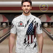 Load image into Gallery viewer, Man wearing a vintage American flag white bowling quarter zip jersey during league competition front view.