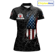 Load image into Gallery viewer, Vintage American flag black bowling polo shirt for women with patriotic team graphics.