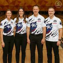 Load image into Gallery viewer, Bowling team wearing matching smoke Texas flag white bowling jerseys during league matches front view.