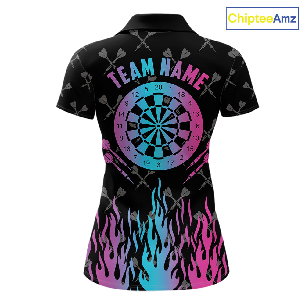 Dartboard neon fire flame darts polo shirt for women with custom darts team graphics.