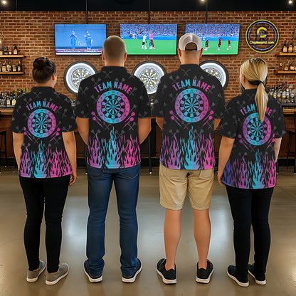 Back view of darts team wearing matching neon fire flame darts shirts at a darts venue.