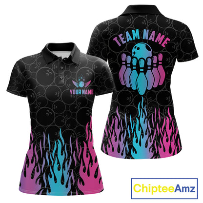Fire flame neon bowling polo shirt for women with colorful custom team graphics.