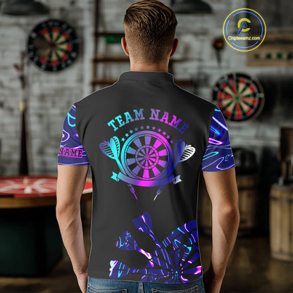 Neon Purple Blue Holographic Mens Dart Shirts Custom Glowing Dart Jersey Team Polo & Quarter Zip TDM5173