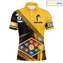 Load image into Gallery viewer, Personalized Yellow Black 9 Ball Pool Billiard Shirt For Men, Billiard Team Jersey Polo &amp; 1/4 Zip TDM5906