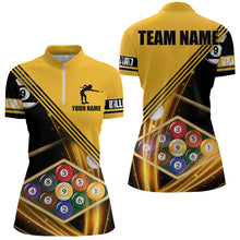 Load image into Gallery viewer, Personalized Yellow Black 9 Ball Pool Billiard Shirt For Women, Billiard Team Jersey Polo &amp; 1/4 Zip TDM5906