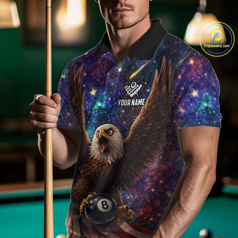 Funny Eagle Galaxy Billiard Shirt For Men Custom 8 Ball Pool Team Jersey Polo &1/4 Zip TDM6044