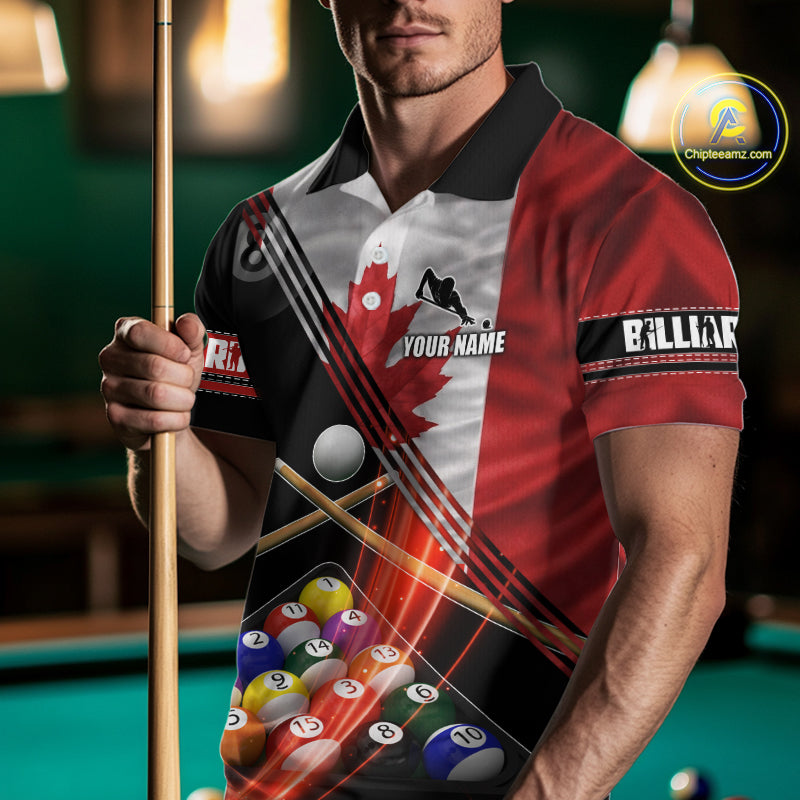 Canada Flag Custom Billiard Polo & 1/4 Zip Shirt For Men, Patriotic 8 Ball Pool Team Jersey TDM6045